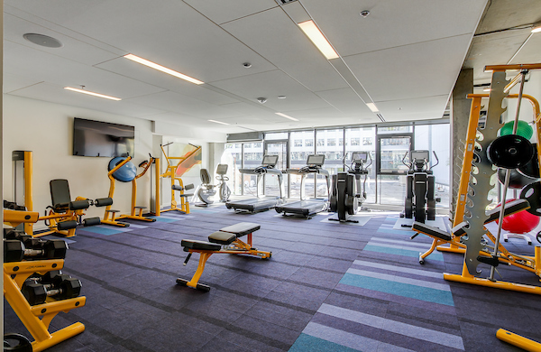 Fitness center with cardio and strength training equipment.
