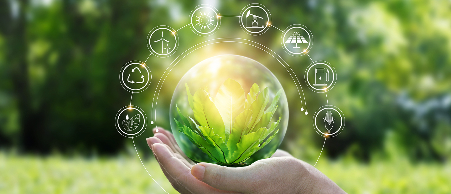 Woman's hands holding sustainability bubble in a green field
