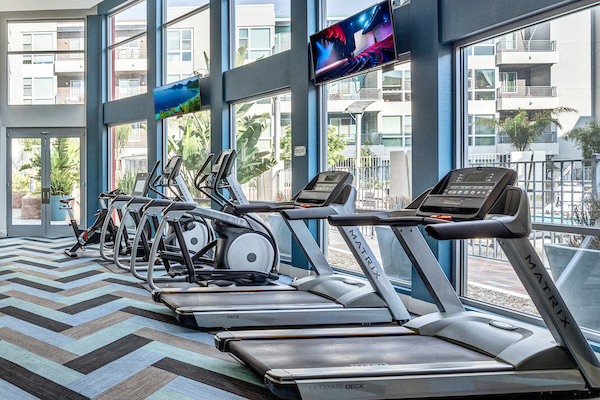 Fitness center with cardio and strength training equipment.