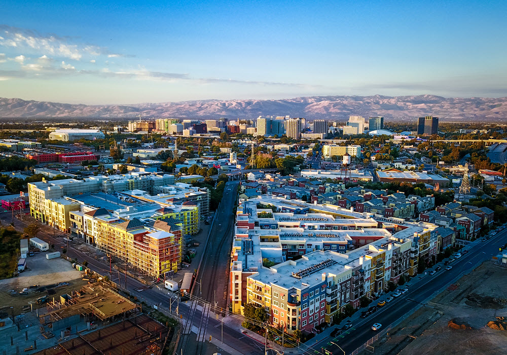 Aerial view of downtown San Jose, California at sunset.