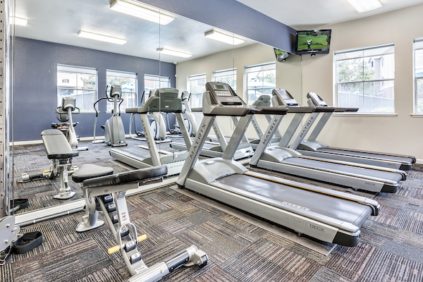 Fitness center with cardio and strength training equipment.