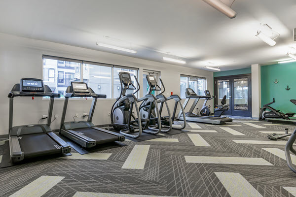 Fitness center with cardio equipment.