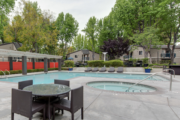 Outdoor spa and swimming pool area with lounge seating surrounded by trees.