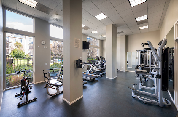 Fitness center with cardio and strength training equipment.