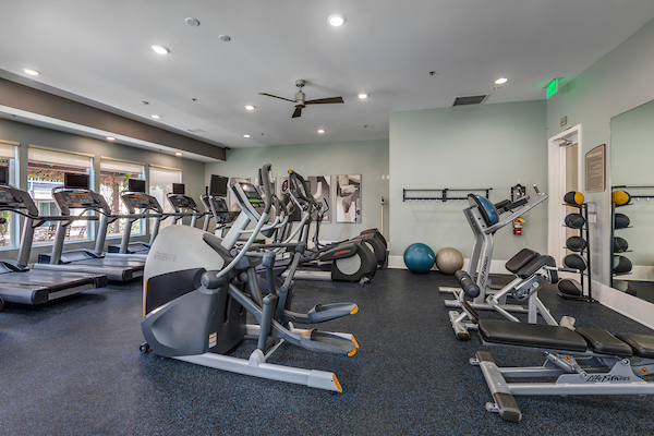 Fitness center with cardio and strength training equipment.