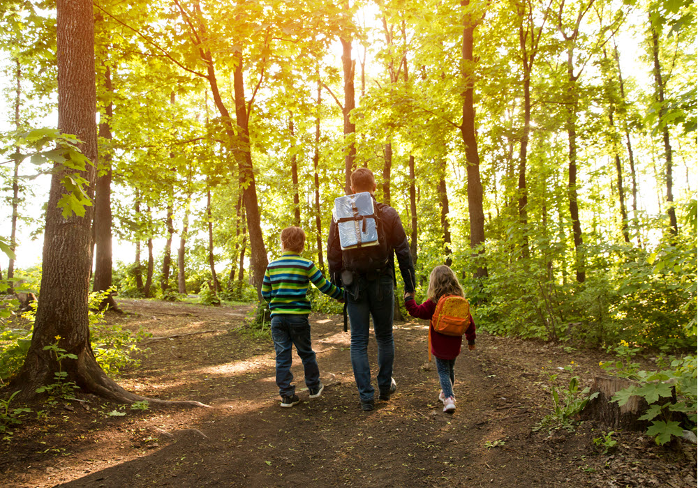 Dad hiking with two kids in the woods.
