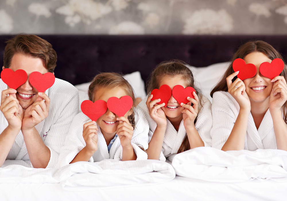 Family enjoying Valentine's Day at home.