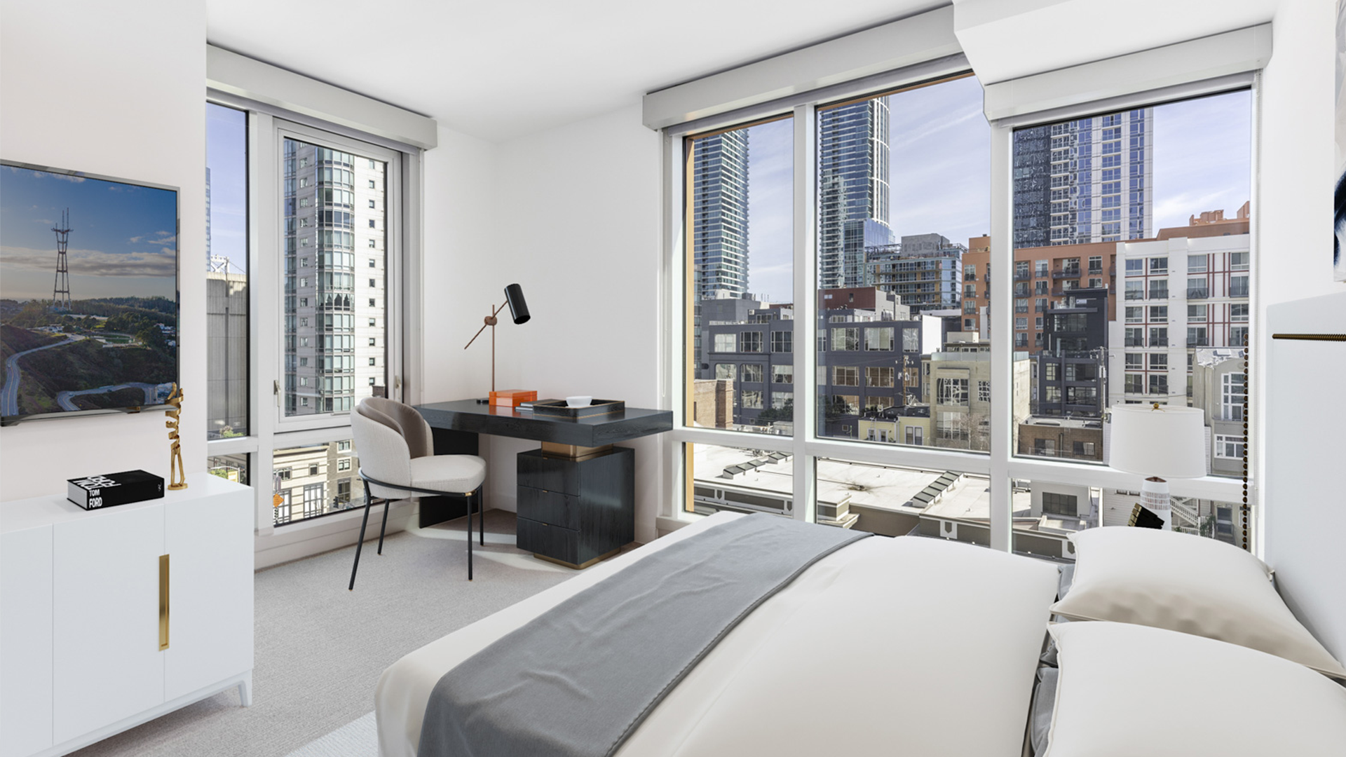 Bedroom with a city view in an Essex apartment Community