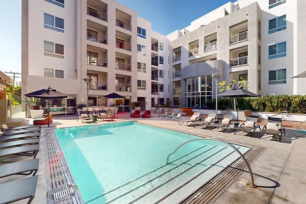 Clubhouse fish tank and lounge chairs.