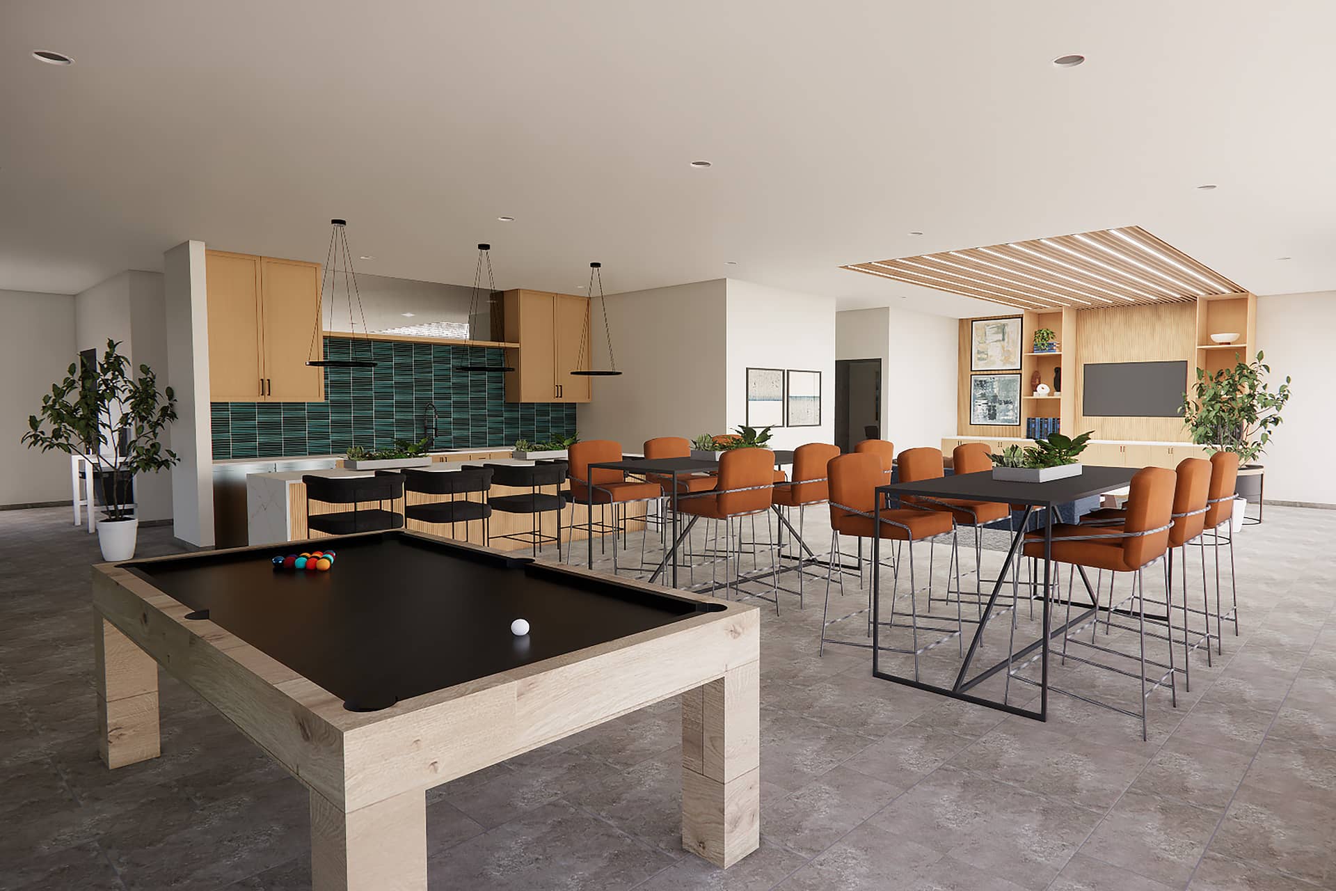 The Montclaire Renovated Clubroom with Pool Table and High-Top Seating