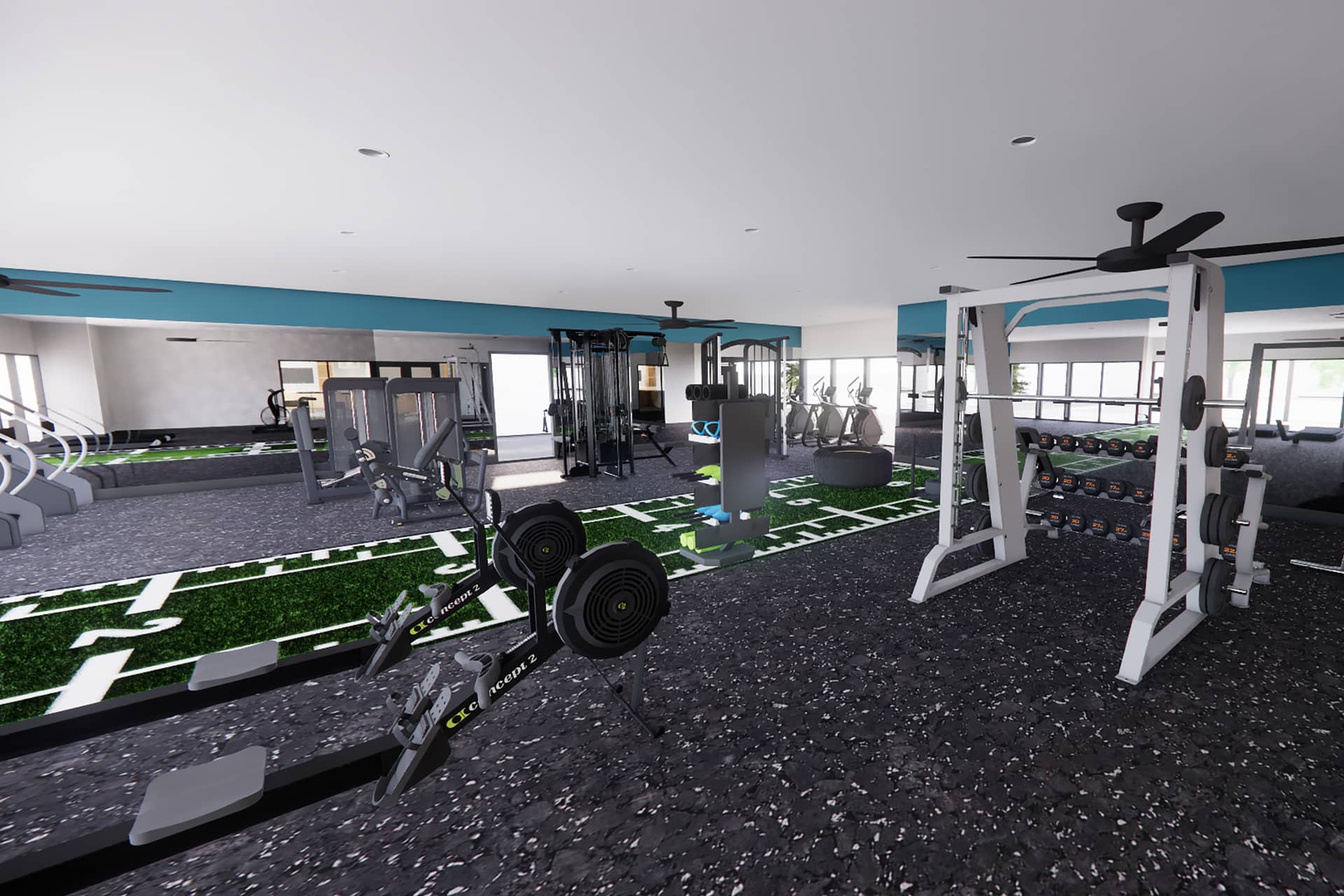 The Montclaire Renovated Gym with Weight Room Equipment and Functional Turf